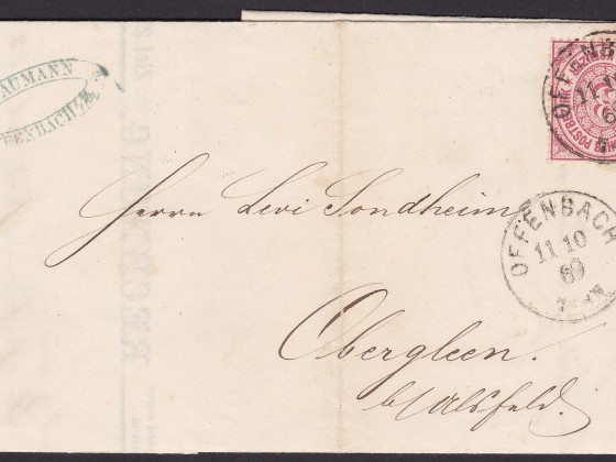 NDP cover franked 3 KREUZEUR with single Nr.21 to Obergleen (Ober-Gleen) near Kirtorf dated 11.10.1869.