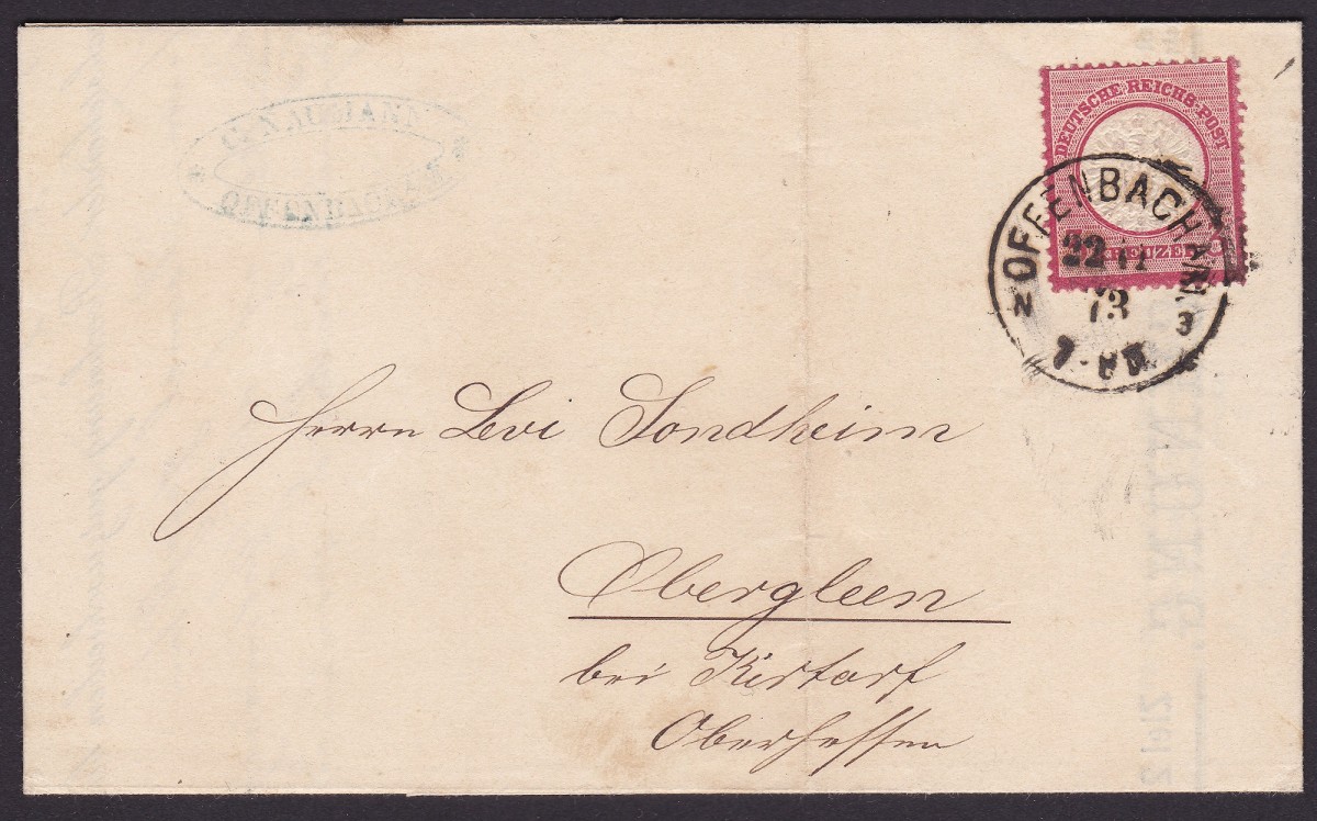 DR Cover franked 3 KREUZEUR with single Nr.25 to Obergleen (Ober-Gleen) near Kirtorf dated 22.11-1873